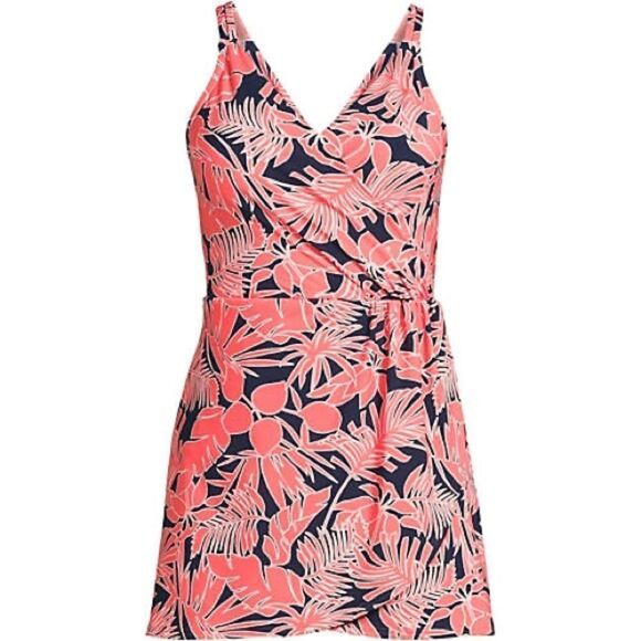 Land’s End One Piece Plus Tulip wrap swim dress one piece Wood lily palm navy 1X - Picture 1 of 5